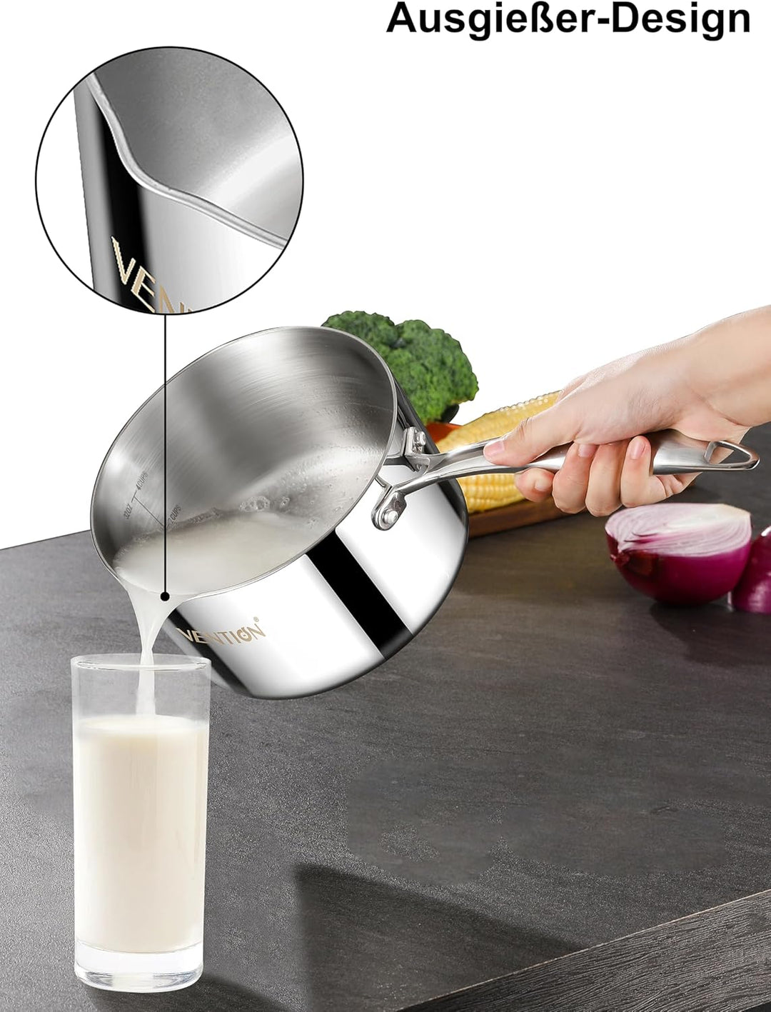VENTION Stielkasserolle Induktion, Kochtopf Klein mit Deckel 14 cm, 1 Liter Stieltopf mit Ausgiesser