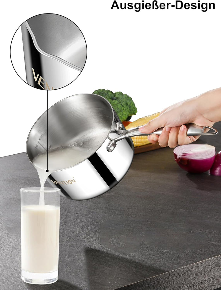 VENTION Stielkasserolle Induktion, Kochtopf Klein mit Deckel 14 cm, 1 Liter Stieltopf mit Ausgiesser