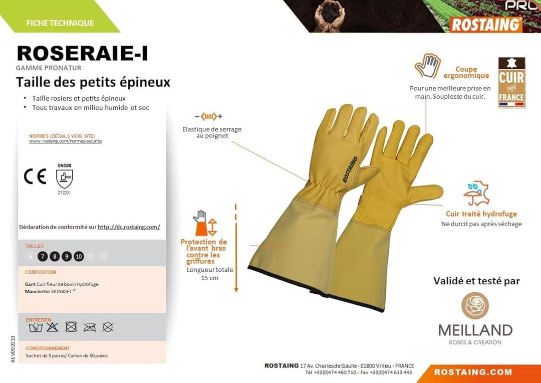 ROSTAING ROSERAIE-IT09 Gartenhandschuhe, Pro Rosen und kleine Nadelpinsel, Leder, Beige, Rosenrot, G