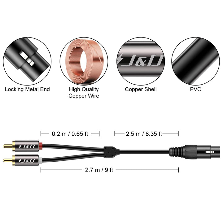 J&D XLR auf Dual-Cinch Y Splitter Patch Kabel, PVC Geschält Unbalanced 2x RCA Männlich zu XLR Weibli