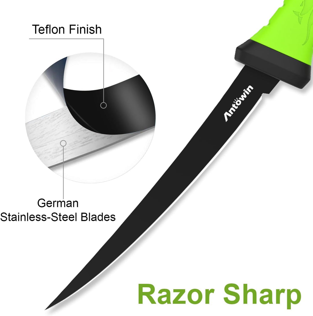 ANTOWIN 22,8 cm Fishing Edelstahl Filetiermesser Set mit Messer-Schärfer, Ergonomischer ABS Griff, B