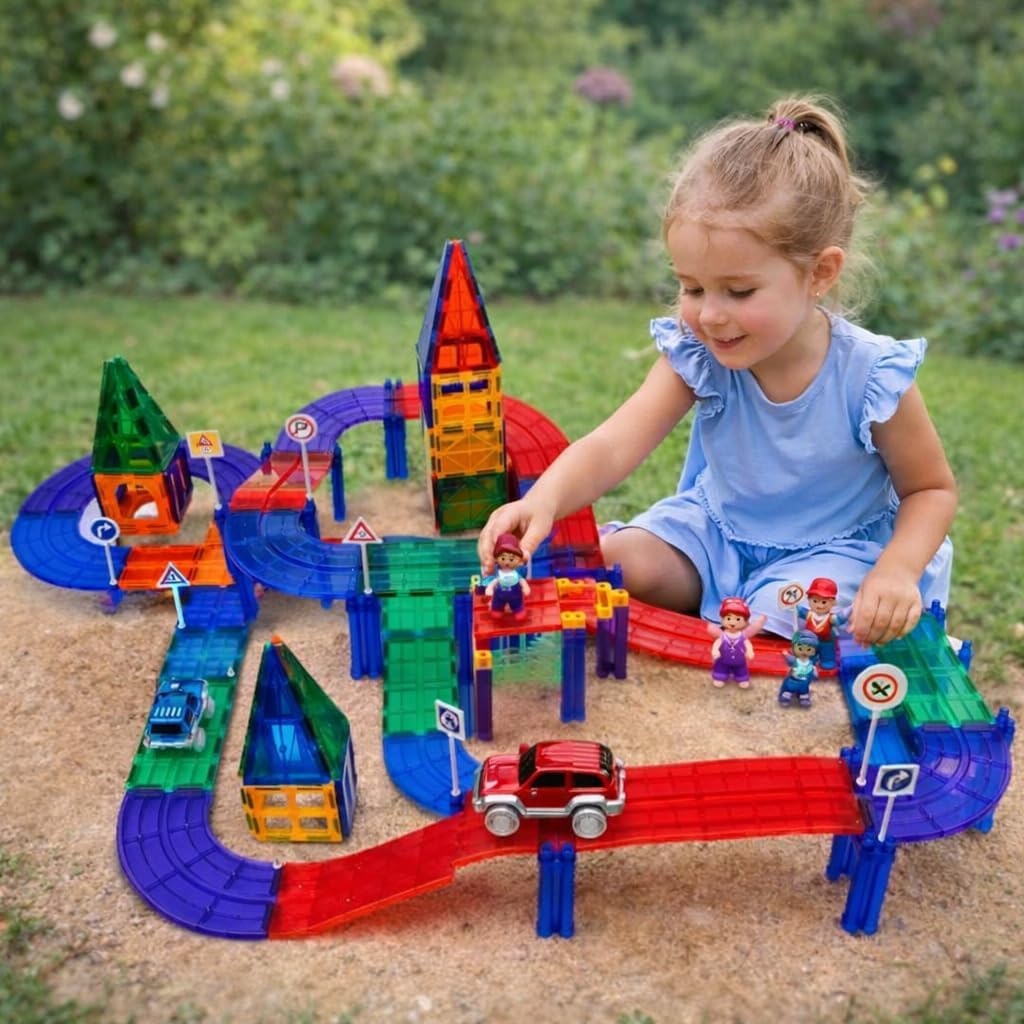 Wonder Toys 122 Stück Rennauto-Bausteine - Lernspielzeug - Magnetfliesen - Spielset 2 LKW - Lernbaus