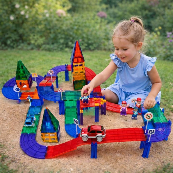 Wonder Toys 122 Stück Rennauto-Bausteine - Lernspielzeug - Magnetfliesen - Spielset 2 LKW - Lernbaus