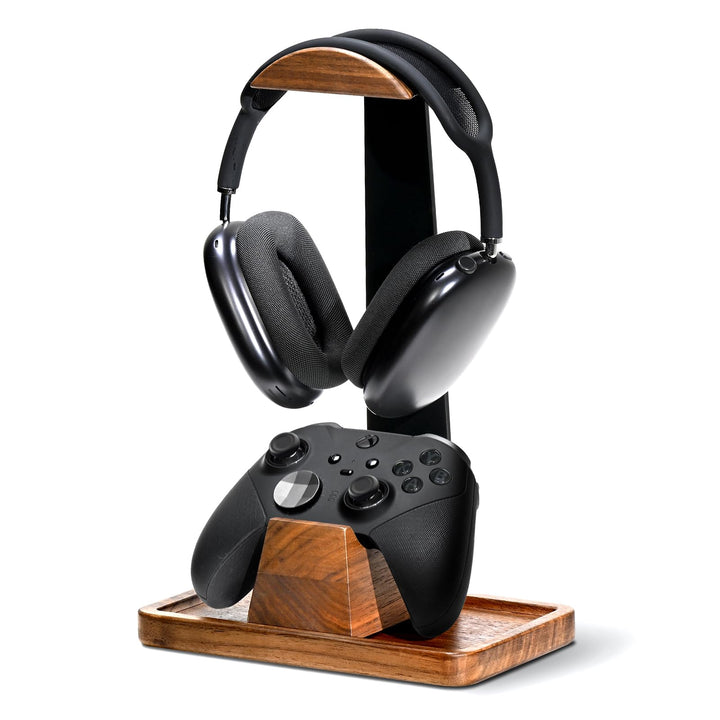 UPERGO Headset Stand with Gaming Controller Holder, Walnut Wood Headphone Stand with Storage Base, G