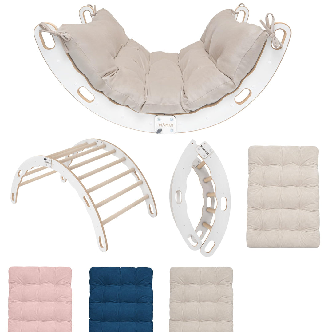 MAMOI® Kletter-Dreieck | Holz Klettergerüst Indoor | Kletterbogen mit Matte | Regenbogenwippe Holz |