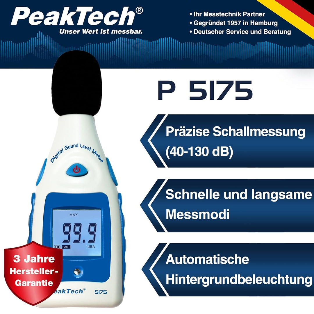 PeakTech Digital Schallpegelmessgerät 30-130 Db in A-Bewertung, 1/2 Zoll Mikrofon, Klasse 2, Lärmmes