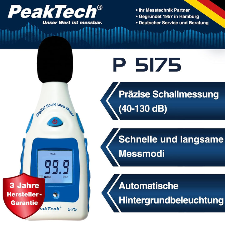 PeakTech Digital Schallpegelmessgerät 30-130 Db in A-Bewertung, 1/2 Zoll Mikrofon, Klasse 2, Lärmmes