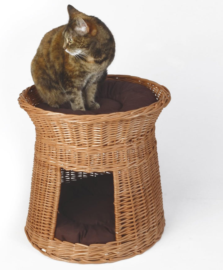 WEIDENPROFI Katzenkorb, Katzenturm aus Heller Weide, inkl. 2 Kissen, Grösse ca.: Ø 42-46 cm x Höhe 4