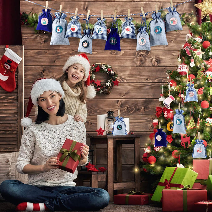 Adventskalender Stoffsäckchen zum Befüllen, Weihnachtskalender Filzsäckchen zum Selberfüllen, 24 Gro