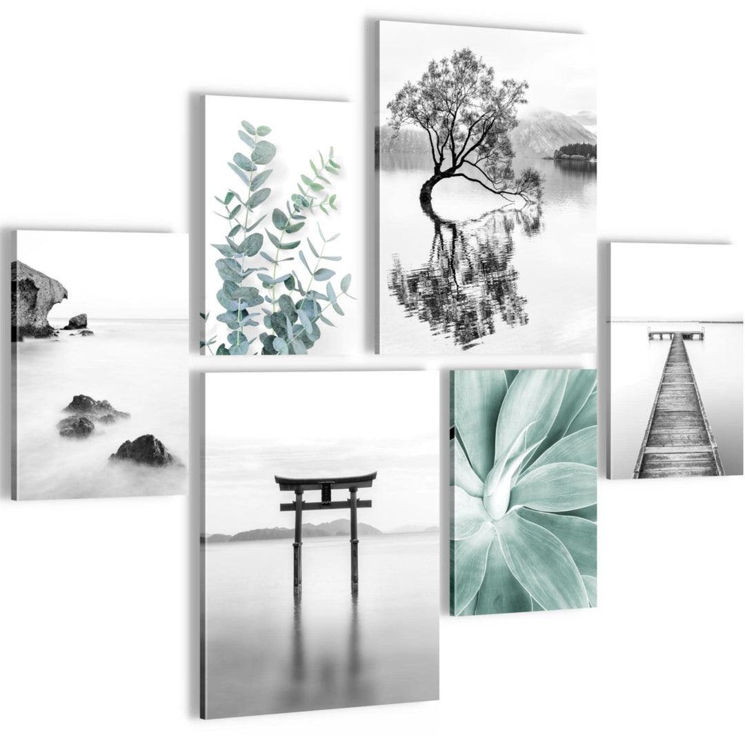 Novart Bilder Set - AUFHÄNGFERTIG - KEIN EXTRA RAHMEN BENÖTIGT - Asien Zen See Modern Schwarz Weiss