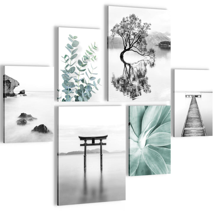Novart Bilder Set - AUFHÄNGFERTIG - KEIN EXTRA RAHMEN BENÖTIGT - Asien Zen See Modern Schwarz Weiss