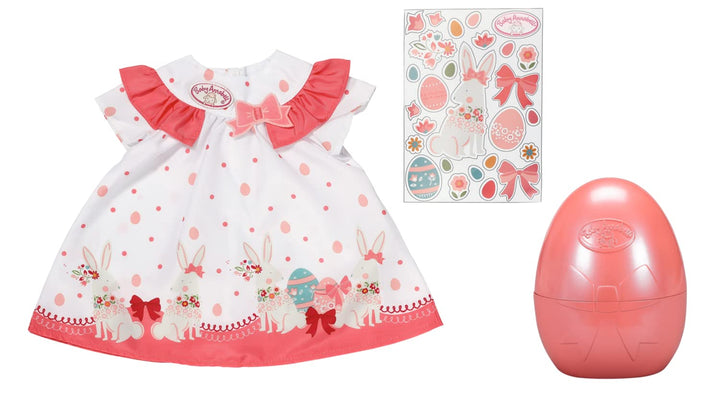 Baby Annabell Osterkleid im Ei, Puppenkleid in rosa und weiss mit Osterhasen im Osterei für 43 cm Pu