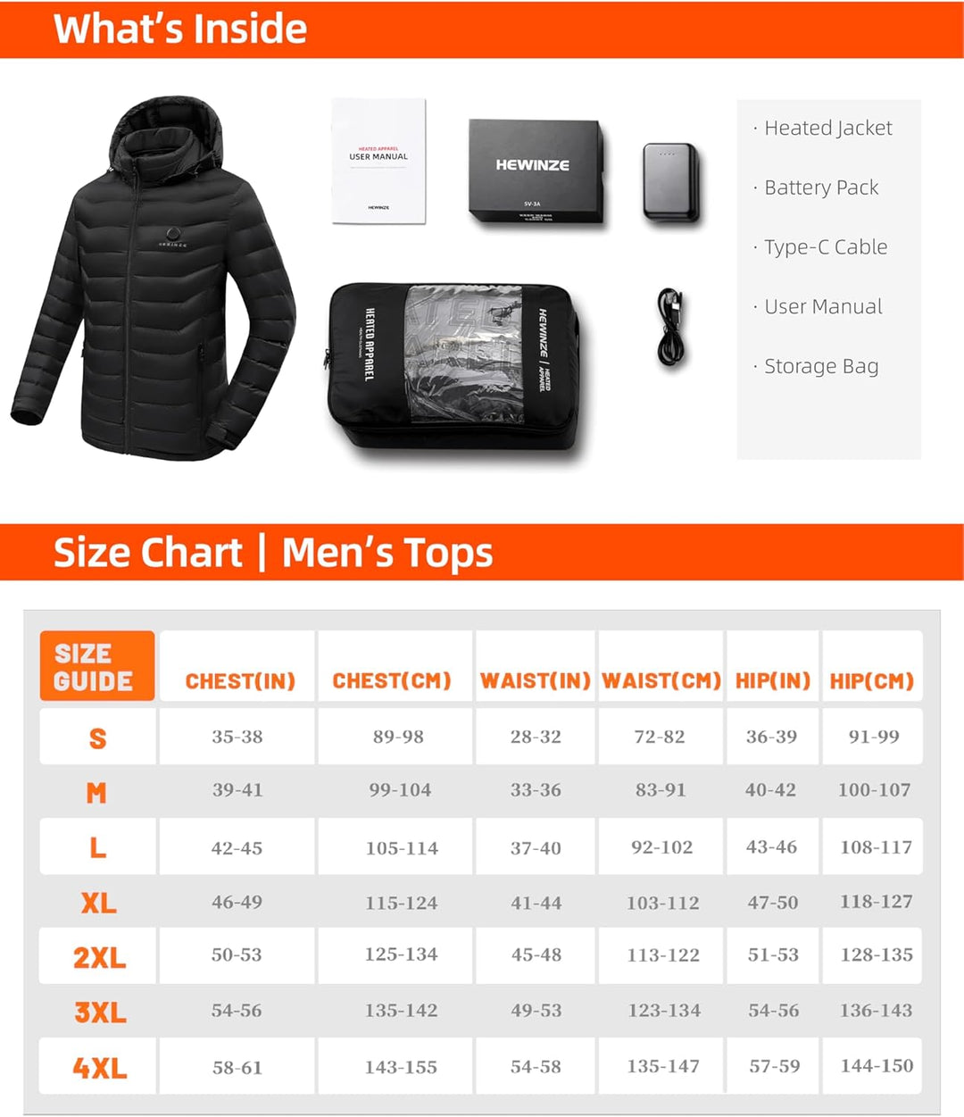 HEWINZE Beheizbare Jacke Damen Herren mit kapuze,Warme Pufferjacke Damen Herren mit akku,Winterjacke