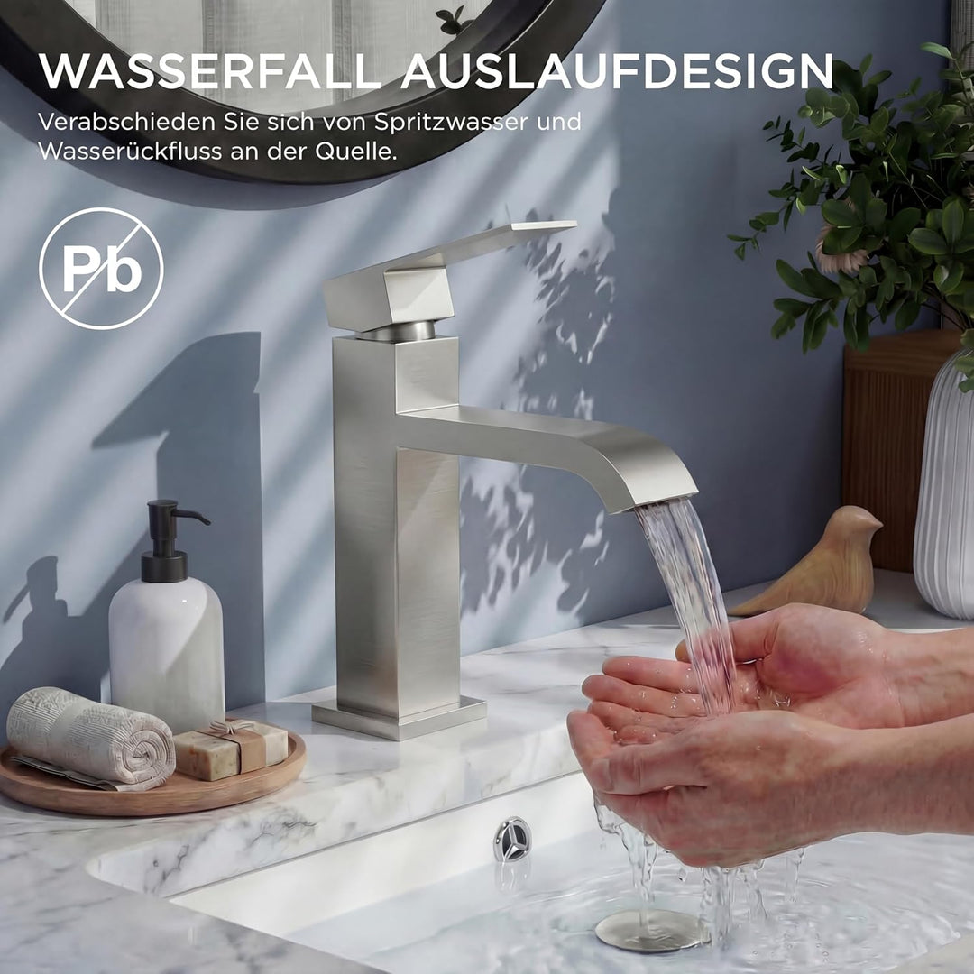FORIOUS Waschtischarmatur mit Ablaufgarnitur, Wasserfall Wasserhahn Bad mit Auslauf Höhe 82 MM, Ecki
