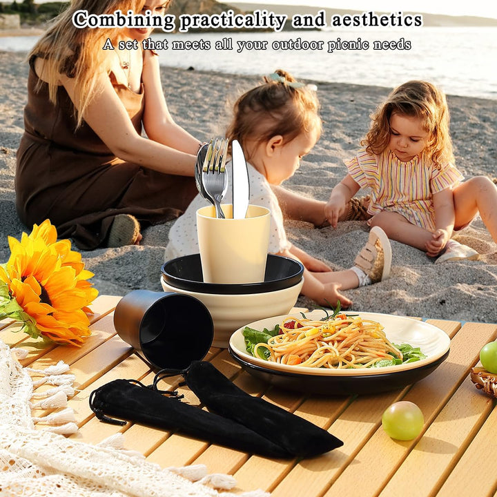 Kyraton Camping Besteck Set, wiederverwendbarer Leichter Becher, Schalen, Teller und Edelstahlbestec