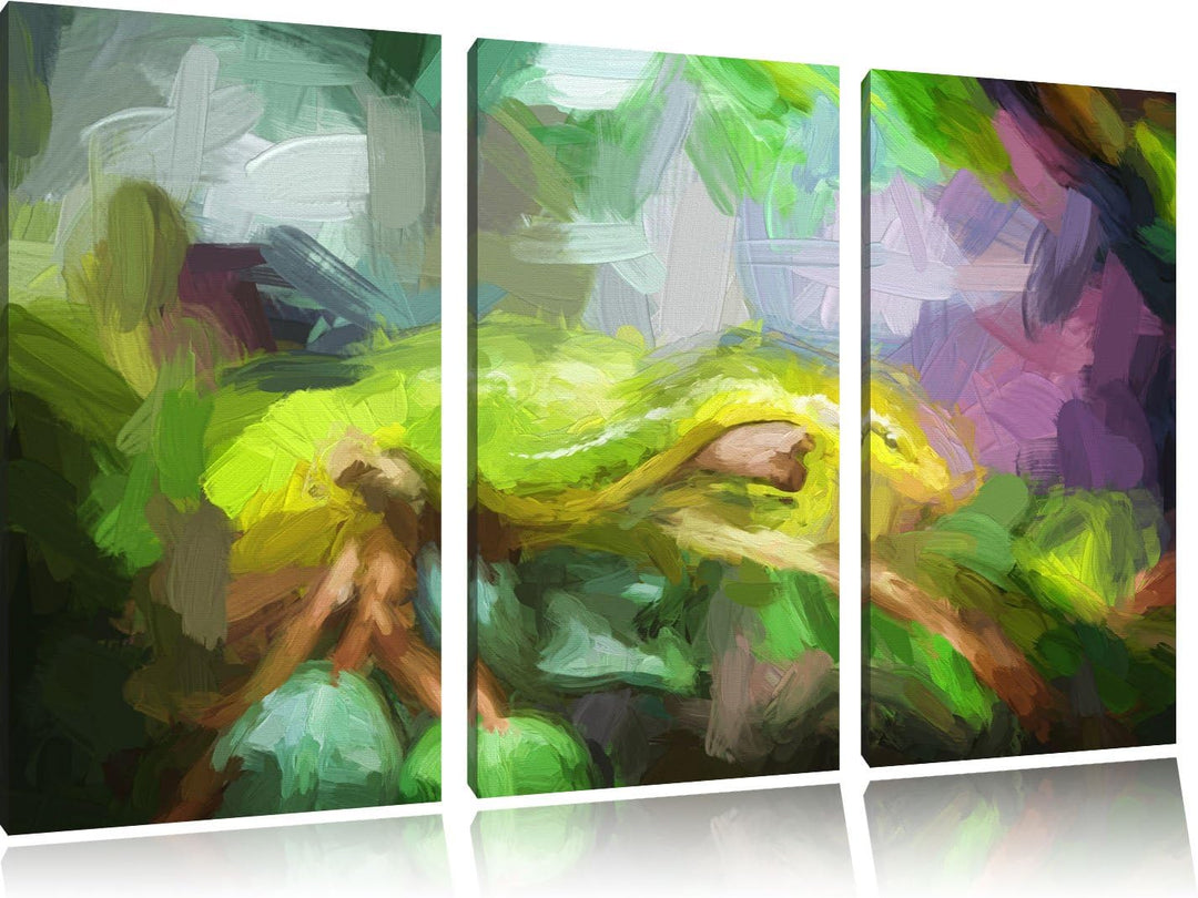 Pixxprint Raue grüne Schlange Kunst als Leinwandbild/Grösse: 3 Teilig (120x80) cm/Wandbild/Kunstdruc