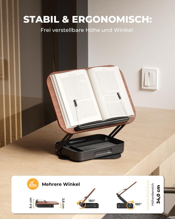 SupeDesk Buchständer Holz mit praktischem Stauraum, 360° drehbarer Buchhalter Leseständer, höhenvers