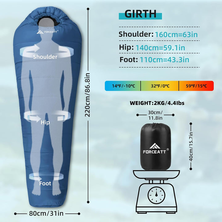 Forceatt Schlafsack -10°C~15°C 4 Jahreszeiten, Mumienschlafsack Winter für Erwachsene Wasserdicht, S