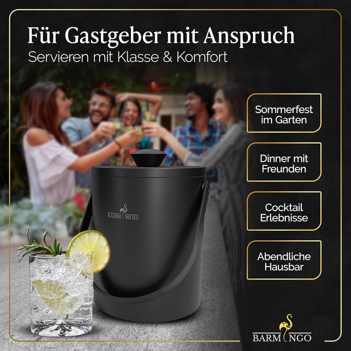 Edelstahl Eiswürfelbehälter mit Deckel - 2l Eiskübel/Eisbehälter für Eiswürfel mit Sieb, Eiswürfelfo