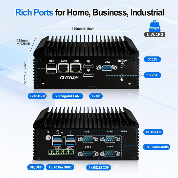 Fanless Mini PC N150 (N100 Upgrade), DDR4 8GB RAM 128GB NVMe SSD, 2 LAN 4 COM Lüfterlos Industrie PC