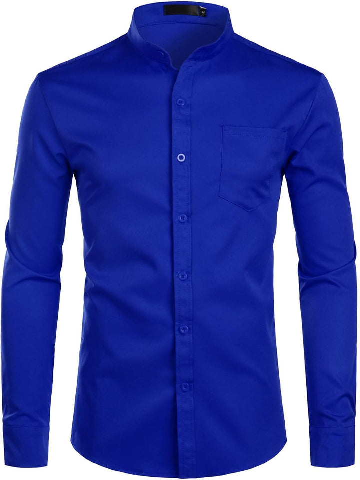 PARKLEES Herren Grandad-Kragen Slim Fit Langarm Casual Button Down Kleid Shirts mit Tasche M Königsb