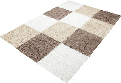 HomebyHome Teppich Wohnzimmer Shaggy Hochflor Mocca Läufer 80x250 cm Kariert Läufer Flur - Flauschig