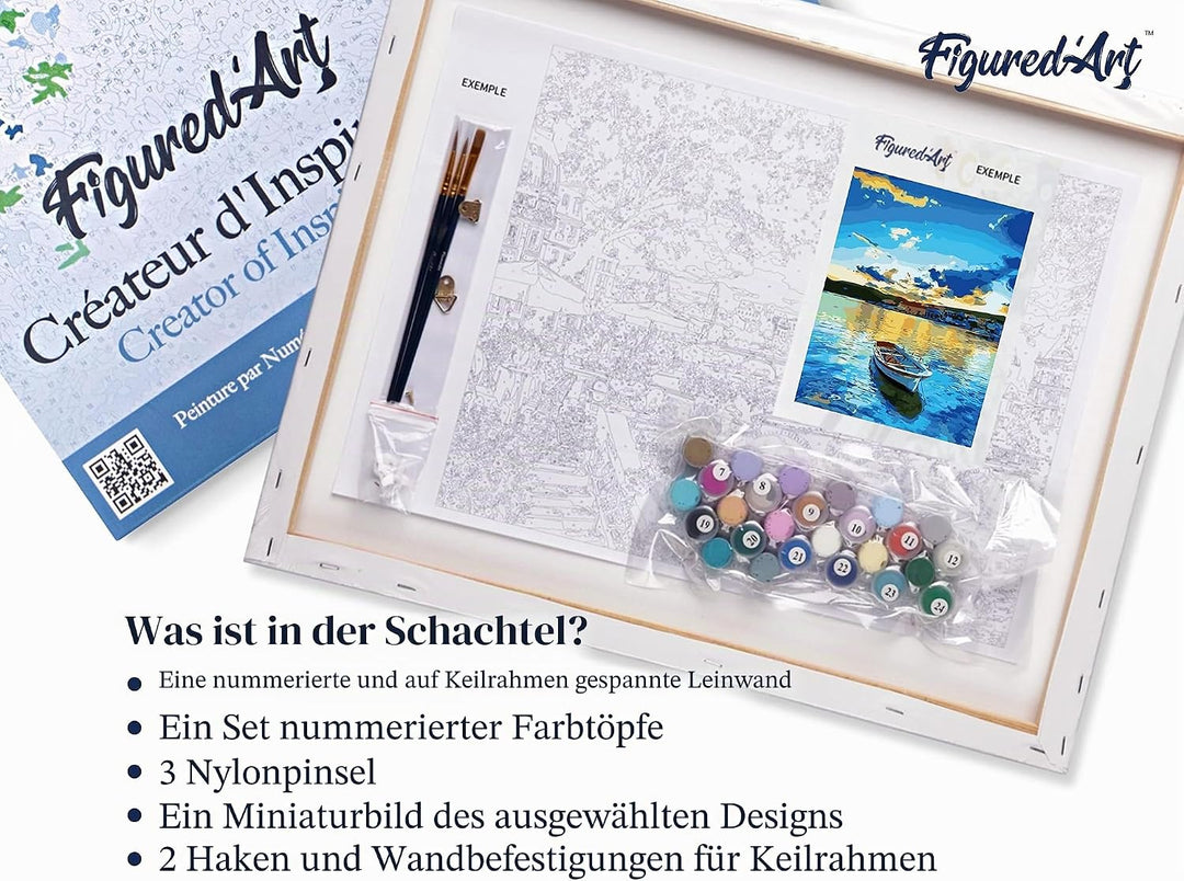 Figured'Art Malen Nach Zahlen Erwachsene Mit Rahmen Boot und Sonnenaufgang - Paint by Numbers Bastel