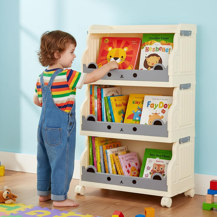 Mobiles Bücherregal Kinder mit Rollen 4 Ebenen Faltbar | Kinderregal Bücherwagen Spielzeug Regal Kin
