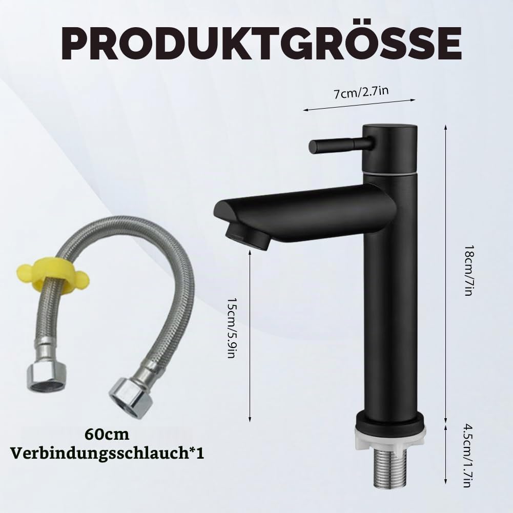 Wasserhahn Bad Schwarz+Wasserzulaufleitung, Edelstahl, Kaltwasserhahn Gäste Wc,Mischbatterie Waschbe