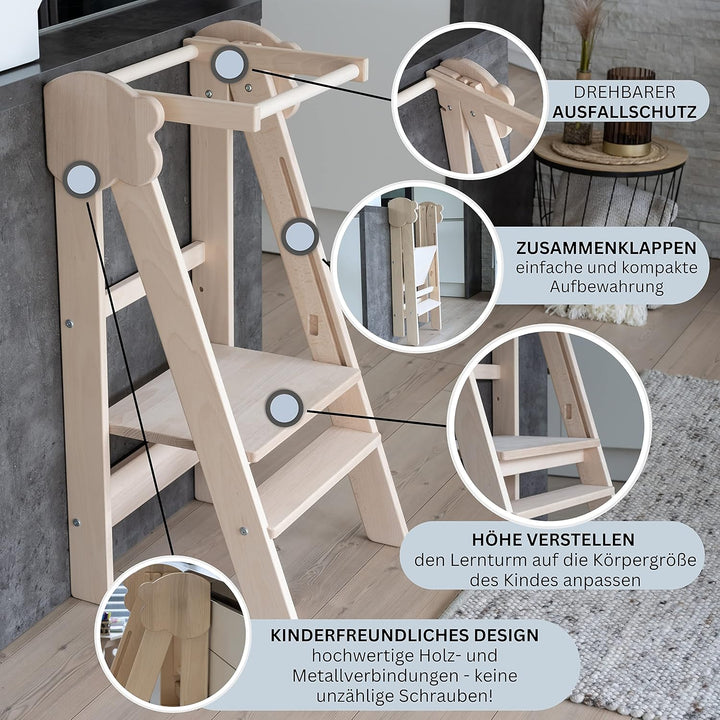 JOWE Lernturm für Kinder | Learning Tower aus Massivholz | klappbar und höhenverstellbar