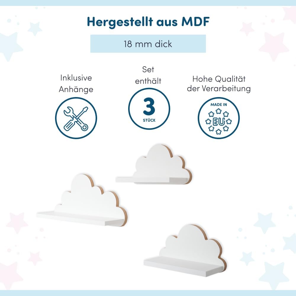 3er Set Wandregale Wolken. Regale für Kinderzimmer und Babyzimmer aus Holz im skandinavischen Stil.