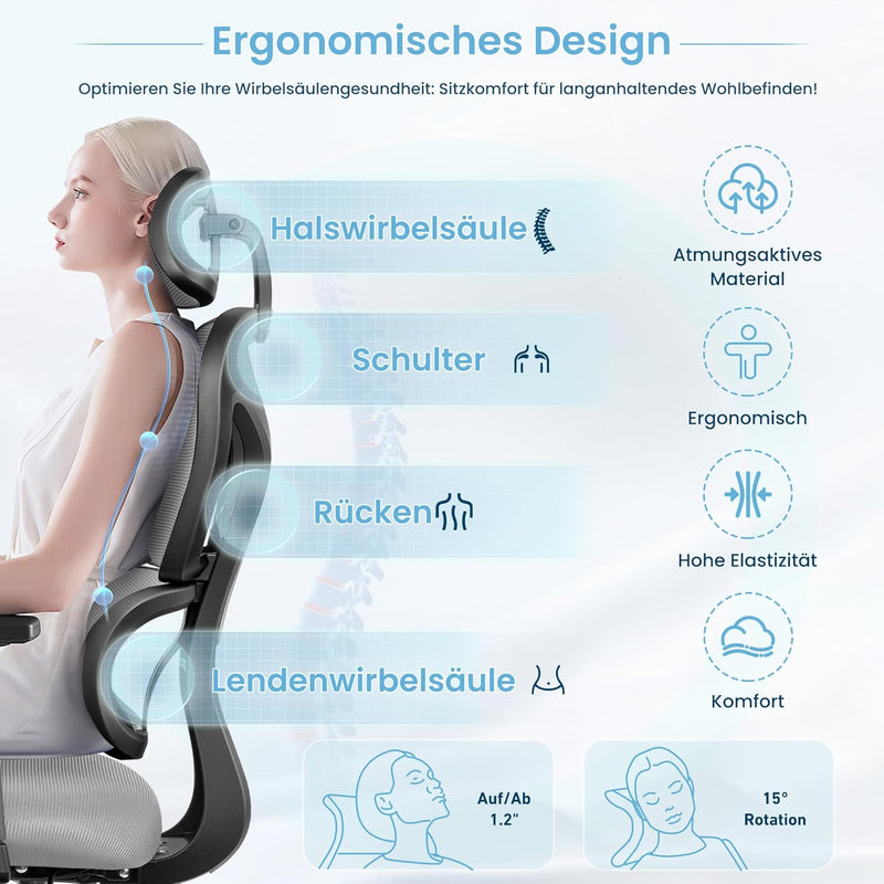 KERDOM Bürostuhl Ergonomischer Schreibtischstuhl,mit Verstellbarer Kopfstütze, Armlehnen, Lendenwirb