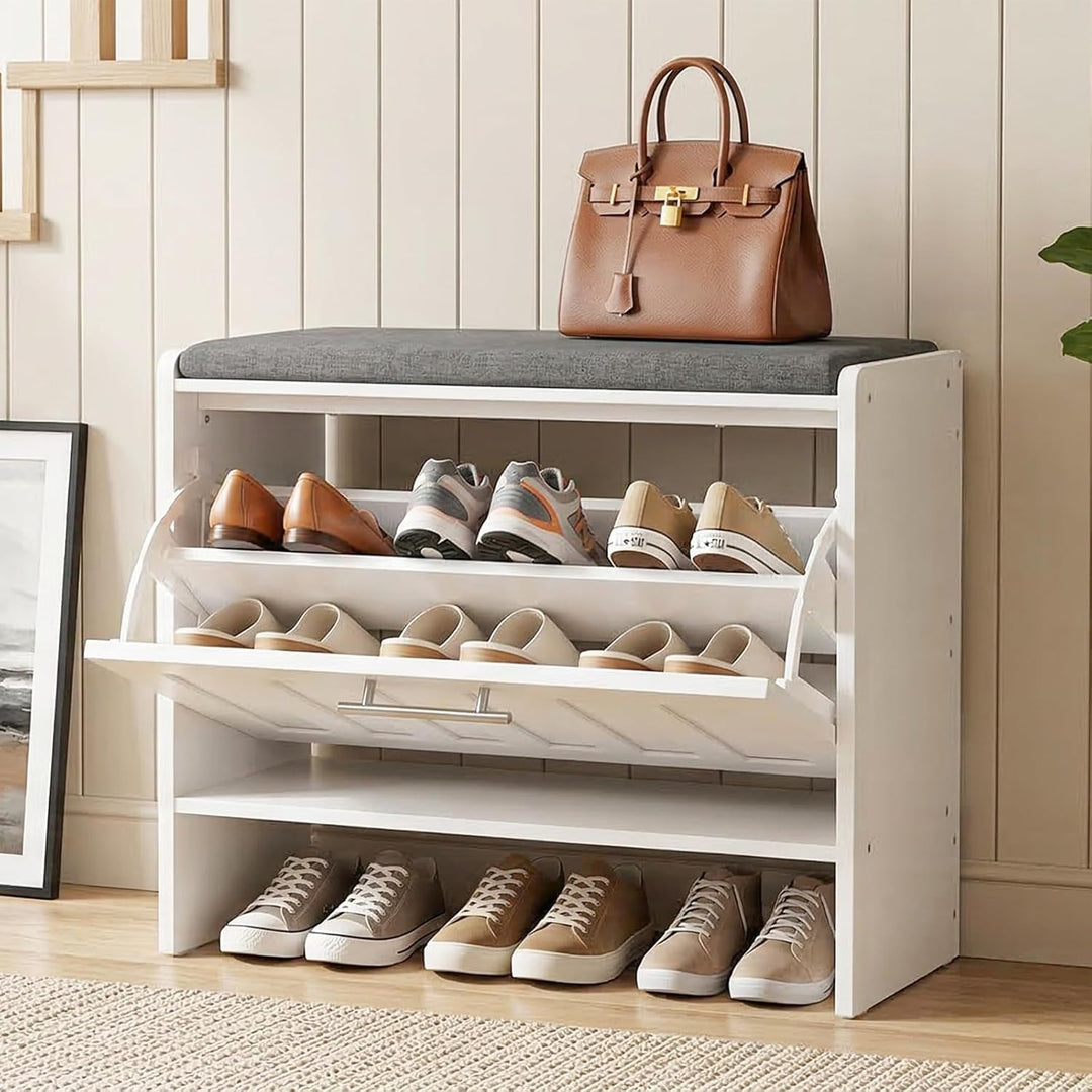 HOOBRO Schuhablage, Schuhregal mit gepolsterter Sitzbank, Schuhkipper für 9 Paar Schuhe, Klappfach m