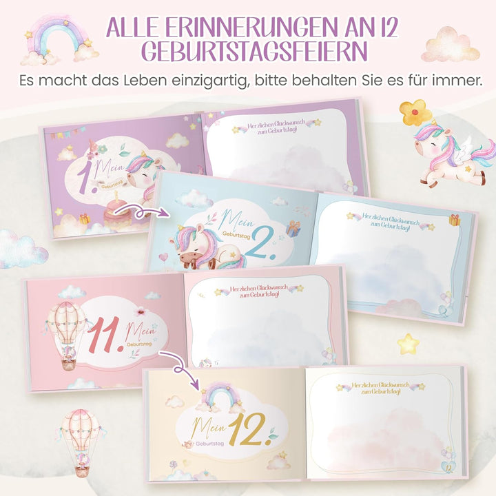 Geburtstagsbuch Erinnerungsalbum mit Aufklebern | Meine Kindergeburtstage von 1 bis 12 Fotobuch Albu