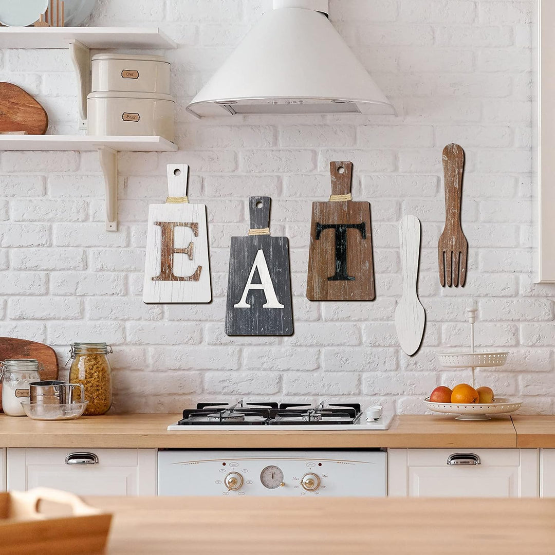 Schneidebrett Eat Schild Set Hängende Kunst Küche Eat Schild Gabel und Löffel Wand Dekoration Rustik