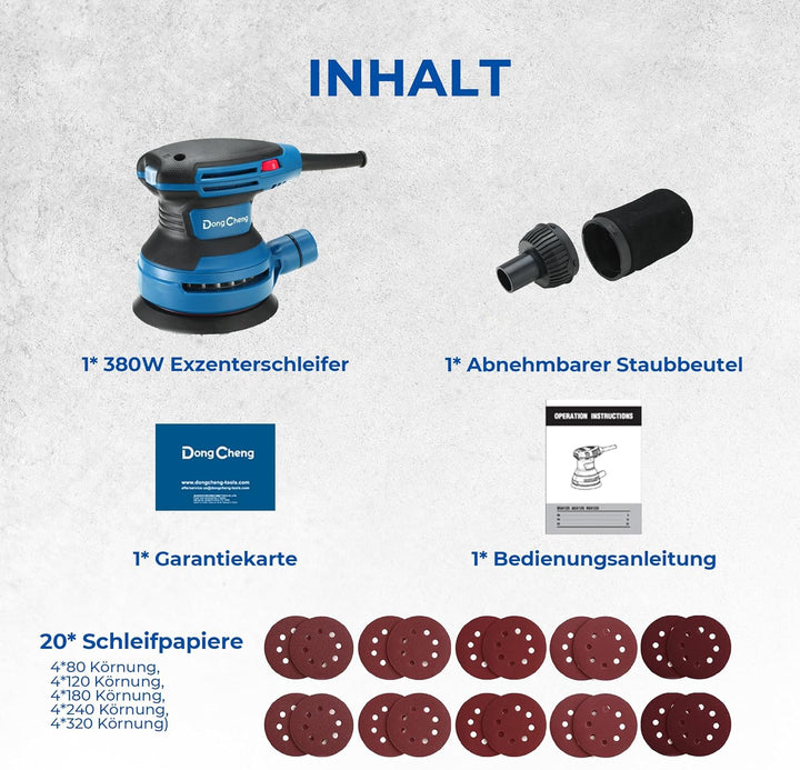 DongCheng Exzenterschleifer 380W, 125mm Schleifmaschine, 6 Geschwindigkeiten 8,000-12,800 U/min mit