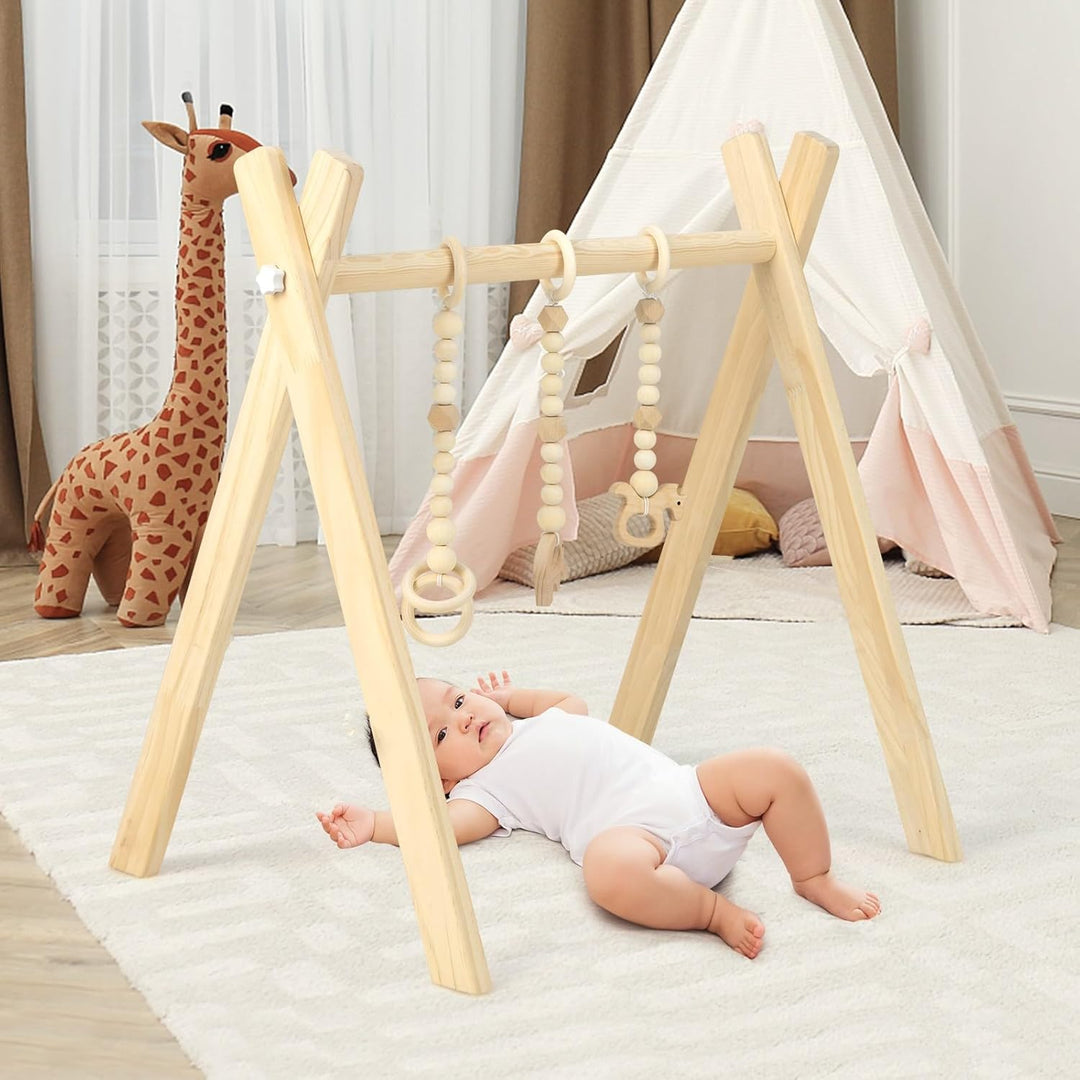 LIFEZEAL Spieltrapez Holz, Babyspielgerät Mit 3 Spielzeugen, Holzspielzeug, Turnhalle Klappbar für B