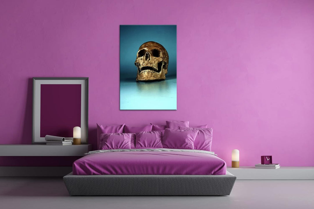 deyoli goldener Schädel im Format: 80x60 als Leinwandbild, Motiv fertig gerahmt auf Echtholzrahmen,