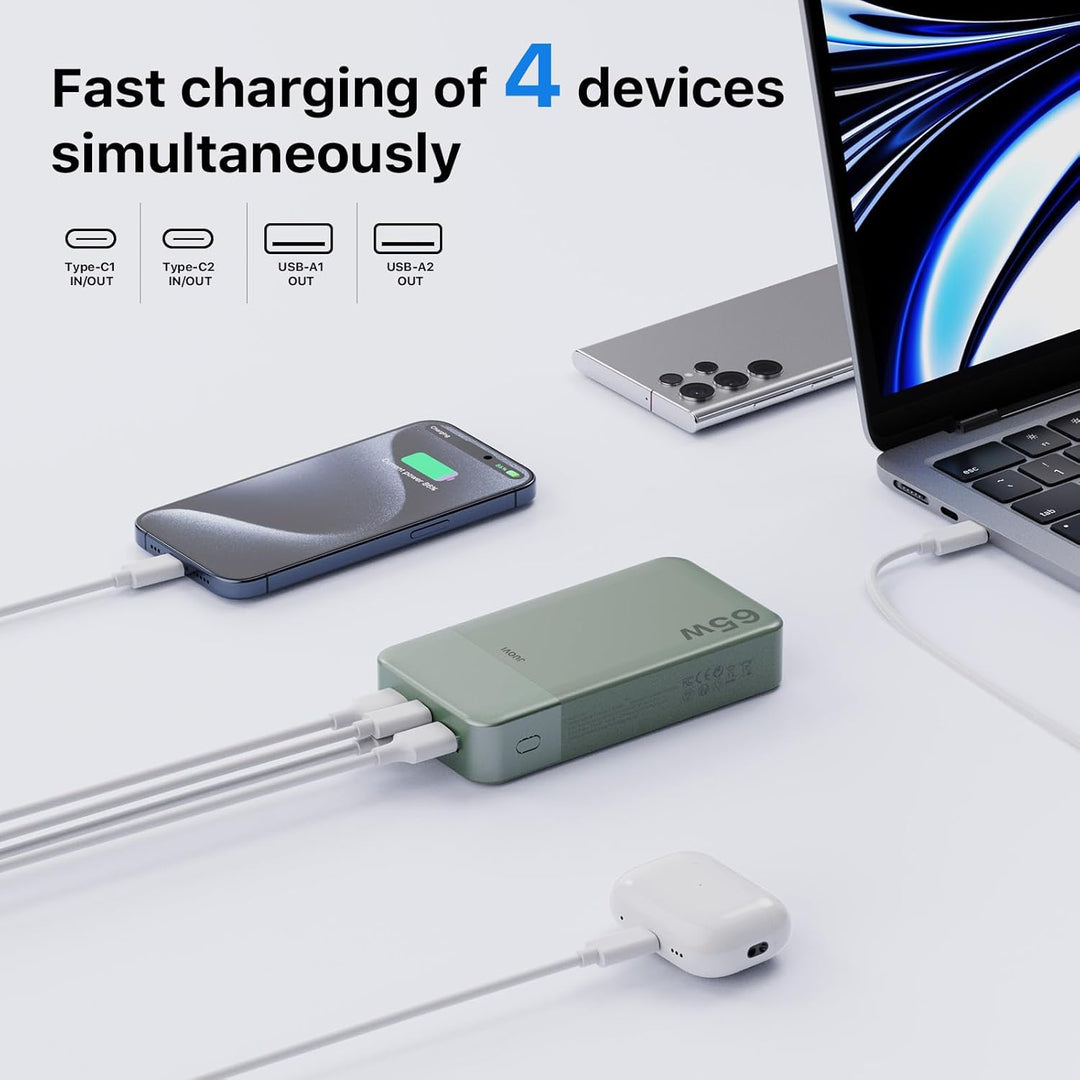 JUOVI Power Bank 65W, Powerbank 20000mAh, Laptop powerbank schnellladefunktion 2 USB-C und 2 USB-A,