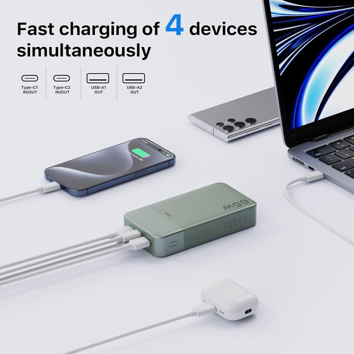 JUOVI Power Bank 65W, Powerbank 20000mAh, Laptop powerbank schnellladefunktion 2 USB-C und 2 USB-A,