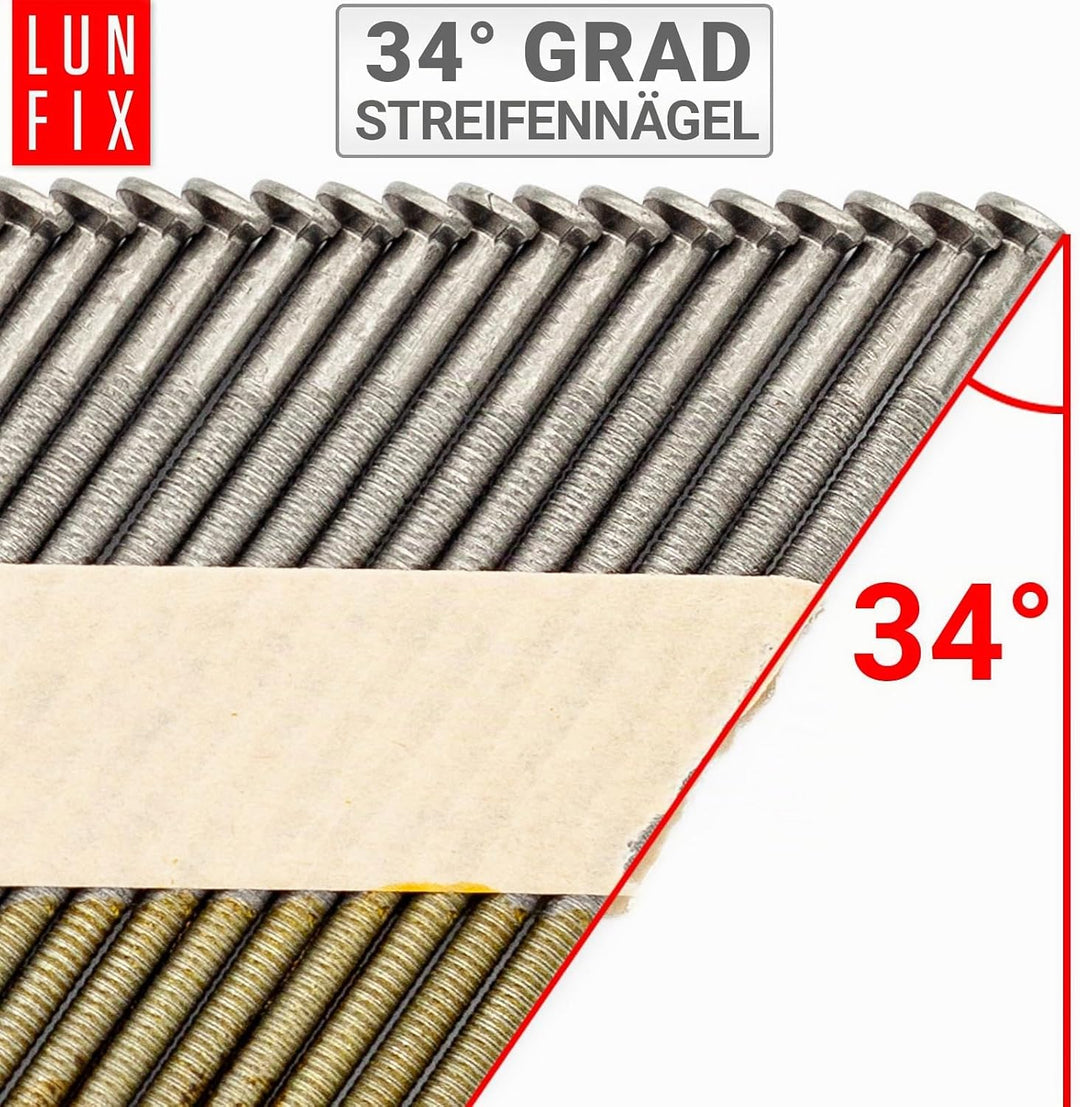 34° Ringschaftnägel 3,1x90 mm aus Stahl unverzinkt, papiergebunden auf Streifen – Packung 2000 Stk.