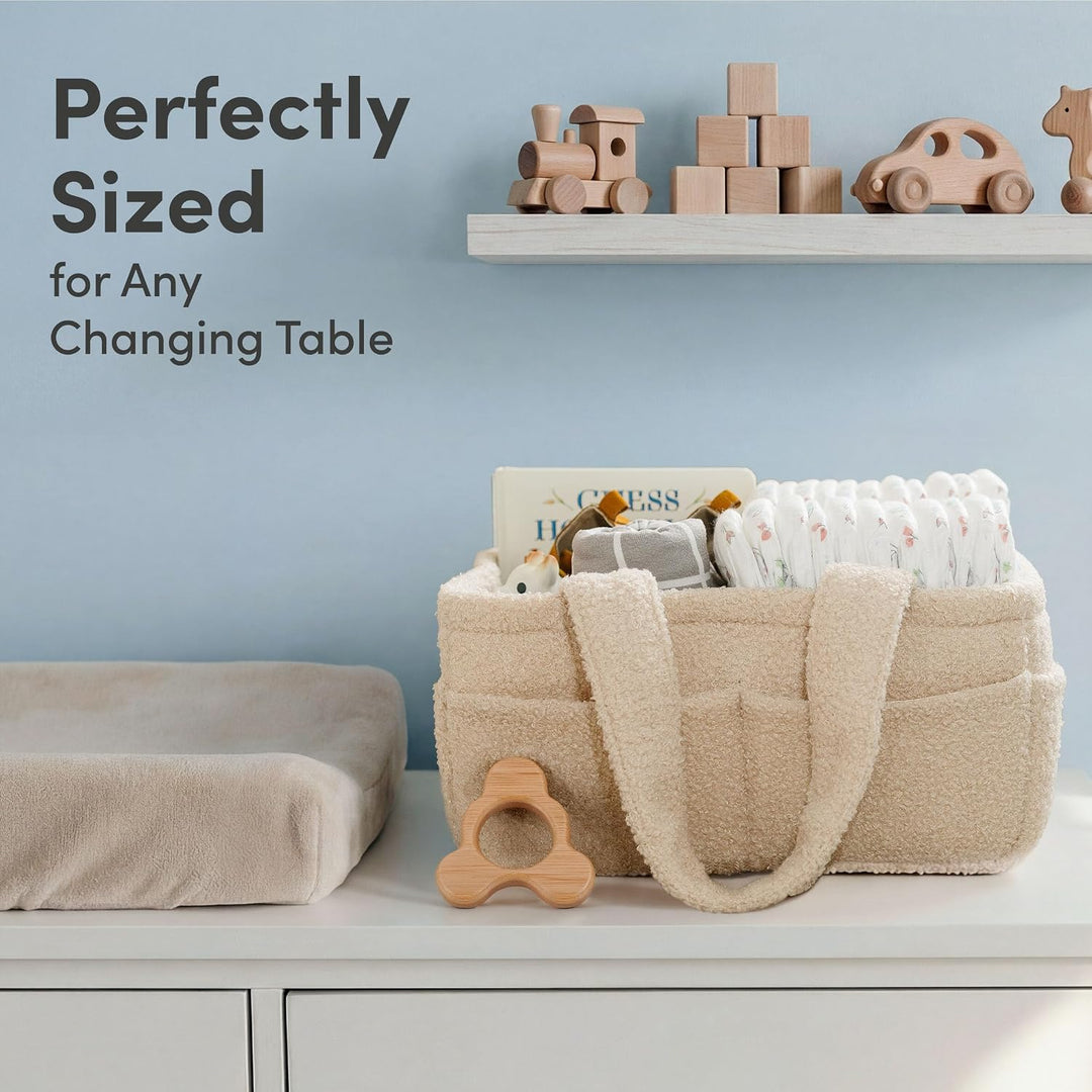 PUTSKA Fleece Nappy Caddy Organiser – Soft Teddy Fabric Baby Caddy with Handles, Portable Nursery St