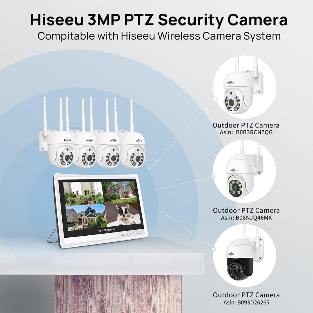 【5MP+PTZ】 Hiseeu Überwachungskamera Set Aussen WLAN mit 12''Monitor 10CH Wireless NVR,4 Pcs 5MP PTZ