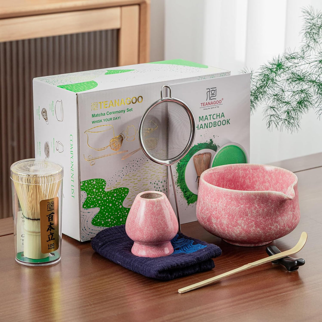 TEANAGOO Matcha-Schneebesen-Set, 7-teilig, rosa für die Herstellung von Latte, Keramikschale (Chawan