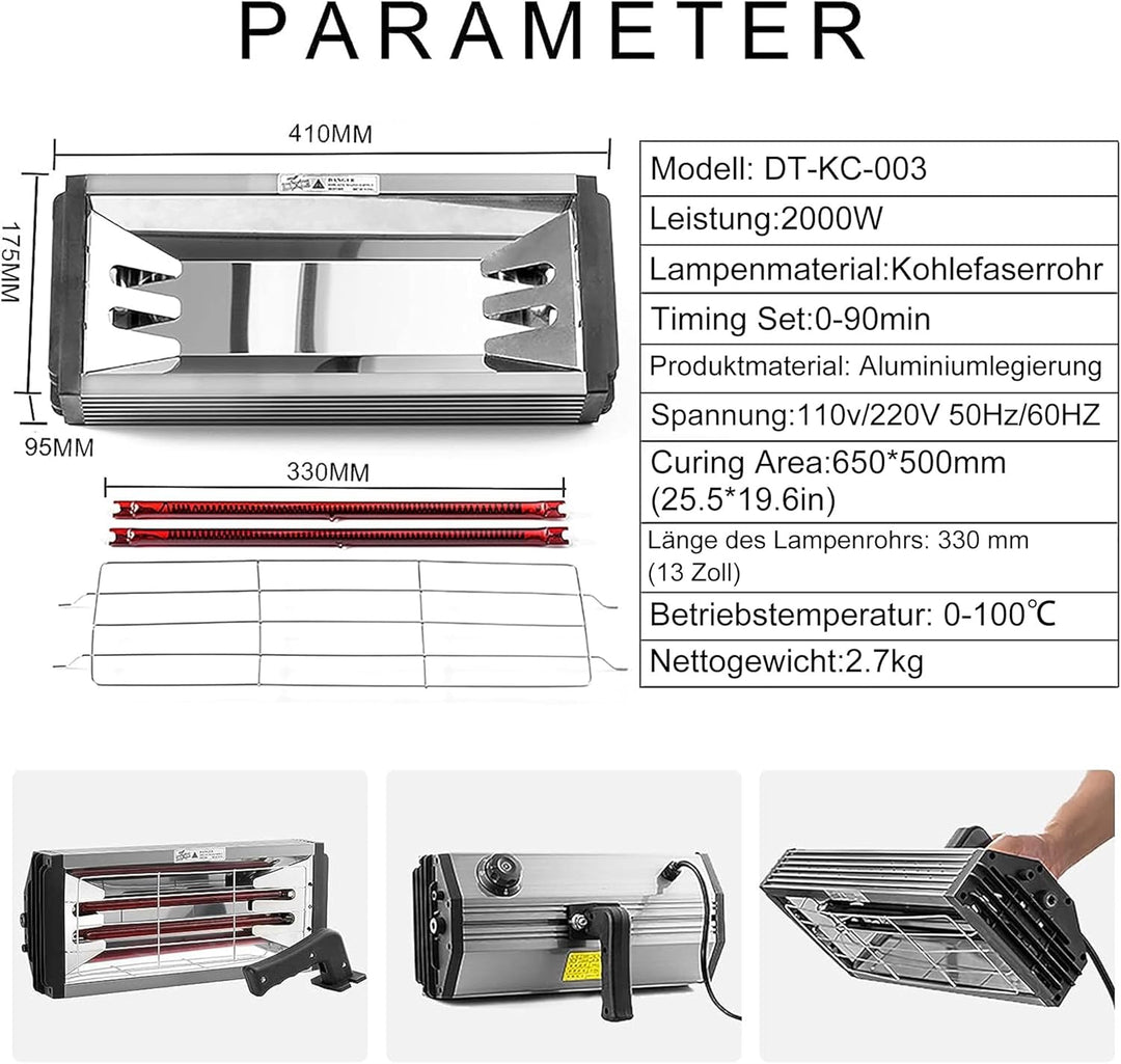 DATOUBOSS Lacktrockner 2000 W Kurzwellen Infrarot Lacklampe Autotrockner Autobackbereich 650 * 500 m