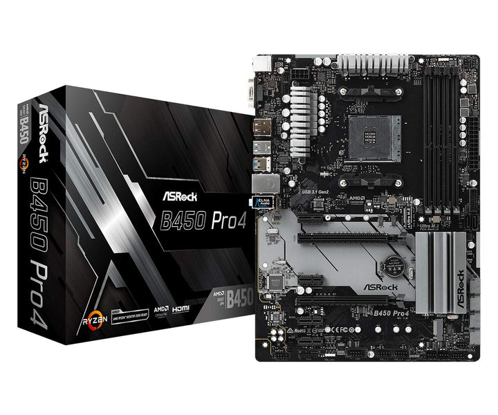 MB ASRock B450 Pro4 AM4 ATX D-Sub/HDMI/DP DDR4 Retail Single, Single