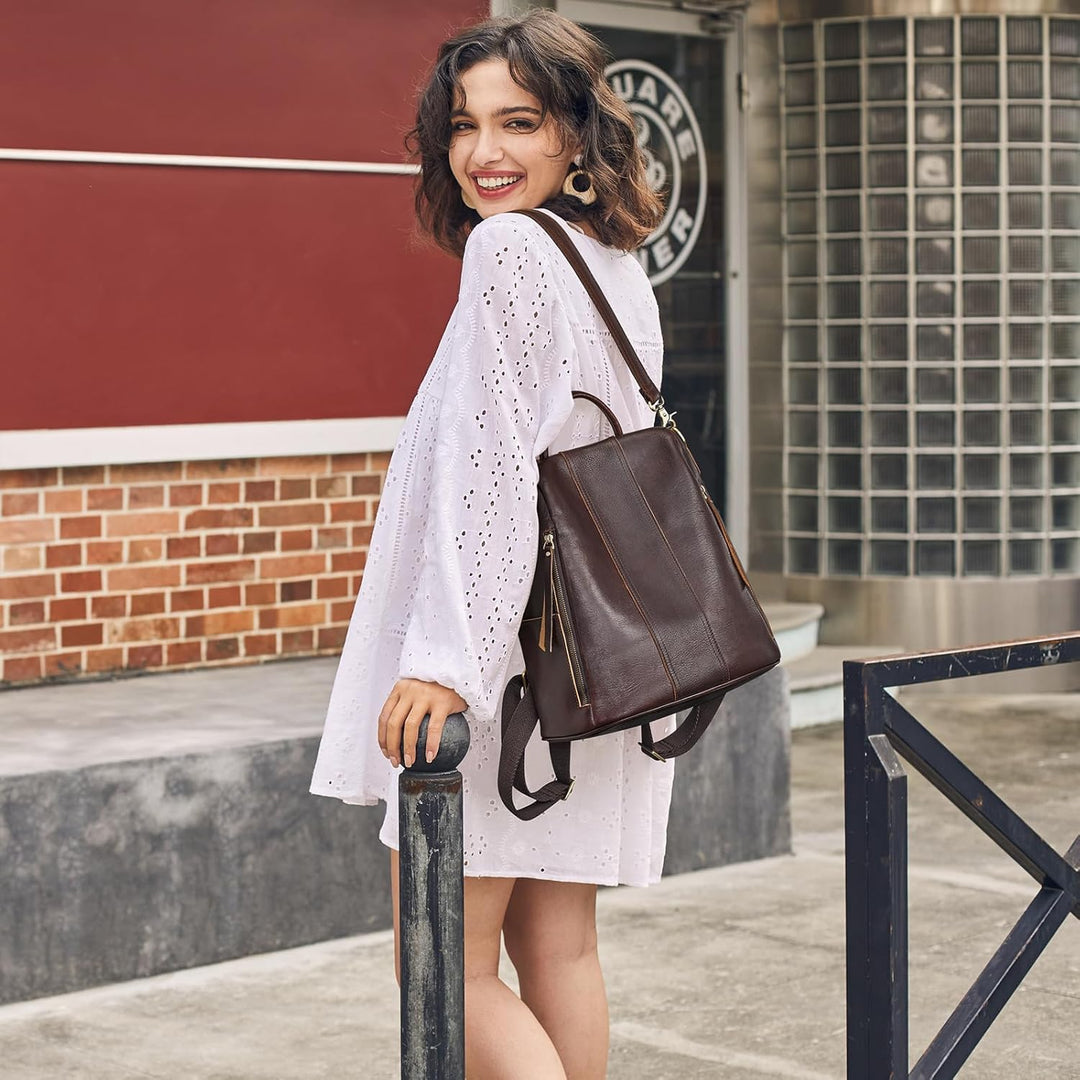 S-ZONE Damen Rucksack Wasserdicht Weiches Echtleder Anti Diebstahl Mode Schultasche Handtasche Casua