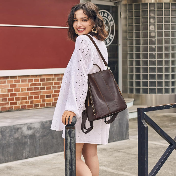 S-ZONE Damen Rucksack Wasserdicht Weiches Echtleder Anti Diebstahl Mode Schultasche Handtasche Casua