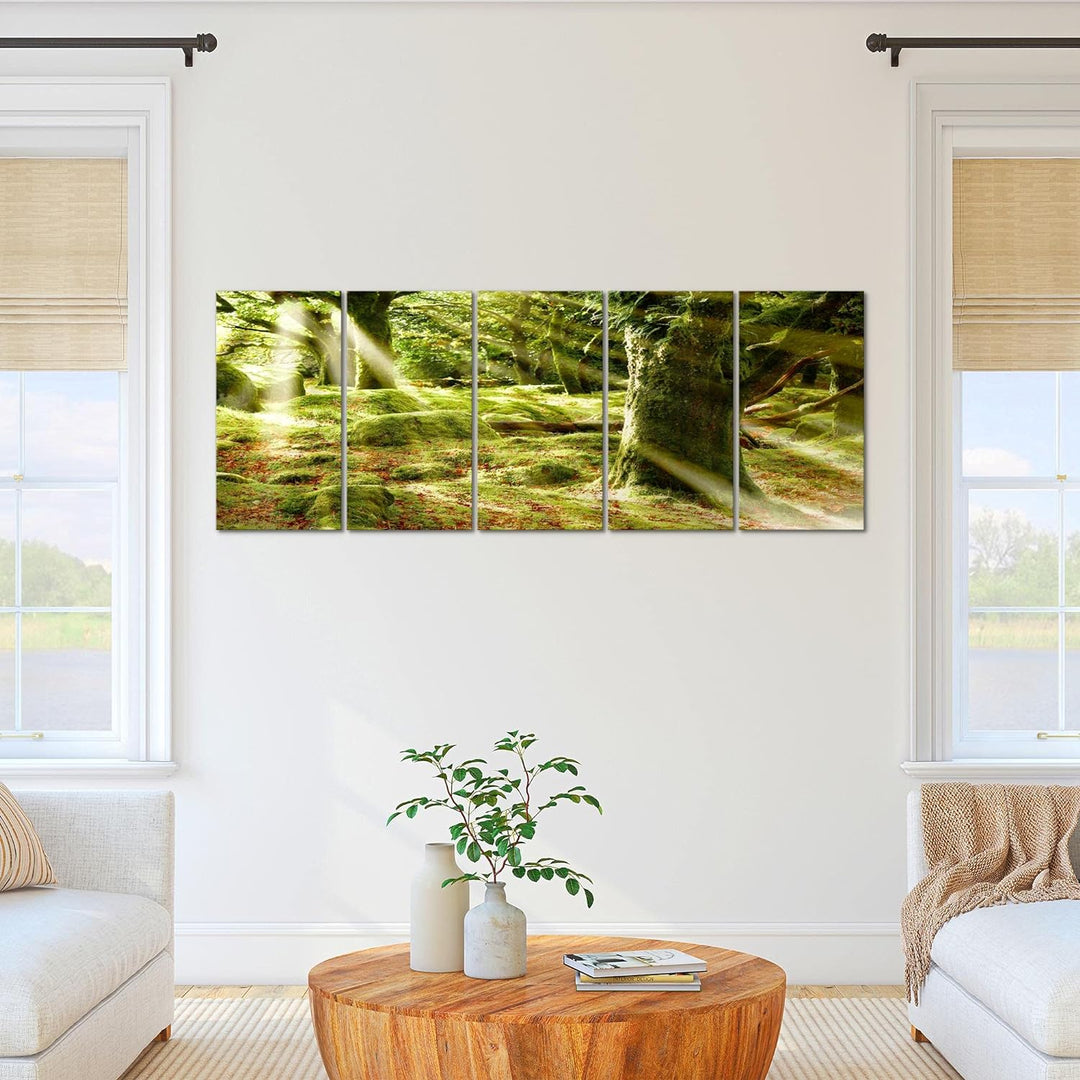 Runa Art Wandbild XXL Wald Landschaft Schlafzimmer Wohnzimmer 200 x 80 cm Grün 5 Teilig - Made in Ge
