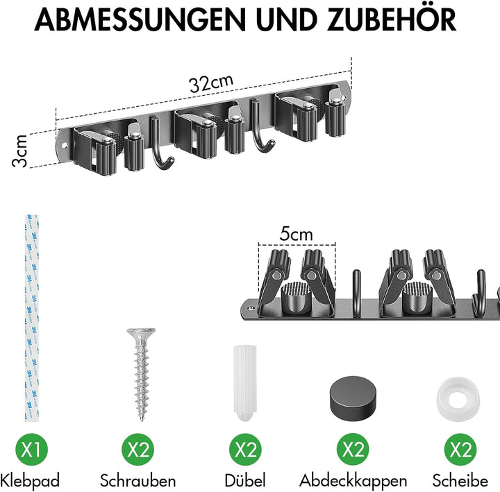 Radikor Besenhalterung Wand, Selbstklebender Besenhalter mit 3 Halter und 2 Haken, Edelstahl Geräteh